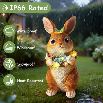 Solar Garden Statues Outdoor Bunny Decorations with Butterfly & Flowers for Mom, Grandma Spring Decor with 6 LED Night Accent Lights for Patio, Yard & Lawn, Christmas Day Figurine