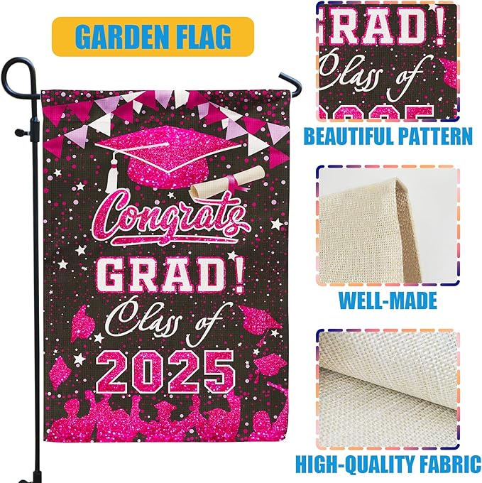 Graduation Garden Flag Class of 2025 Pink Congrats Grade Flag for Outside Party Hanging Decorations 12x18 Inch Burlap