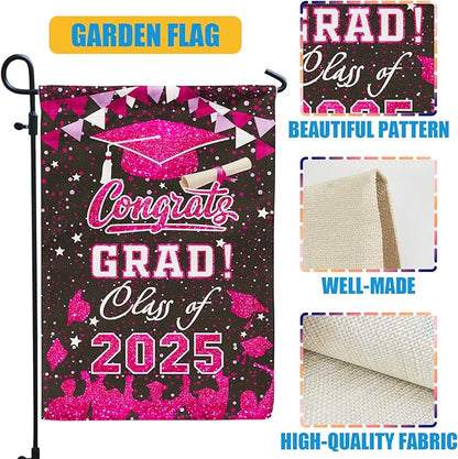 Graduation Garden Flag Class of 2025 Pink Congrats Grade Flag for Outside Party Hanging Decorations 12x18 Inch Burlap