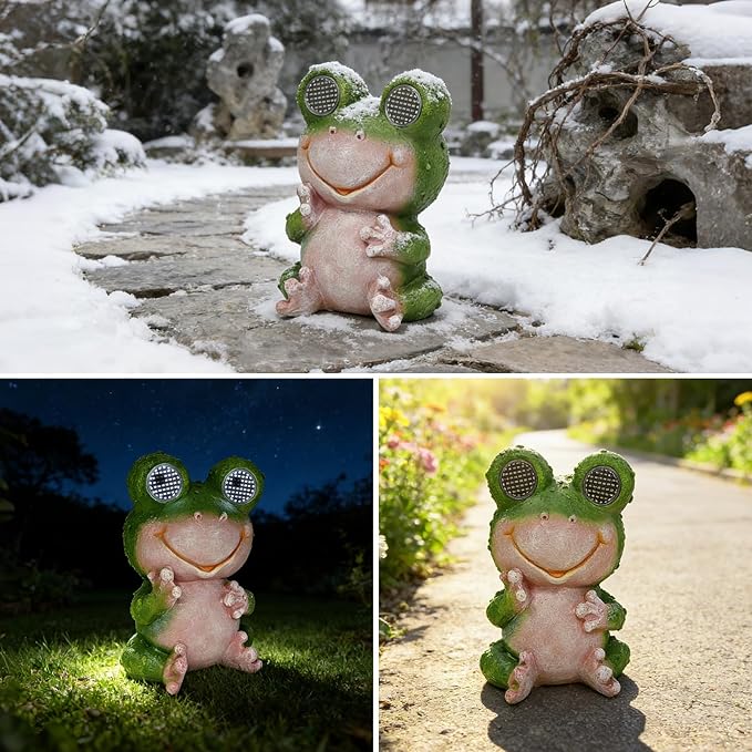 Solar Frog Garden Statue with Blinking Rotating LED Eyes, Solar Powered Auto On/Off, Waterproof Resin Outdoor Decor for Patio, Yard, Unique Gift for Women, Mom, Grandma