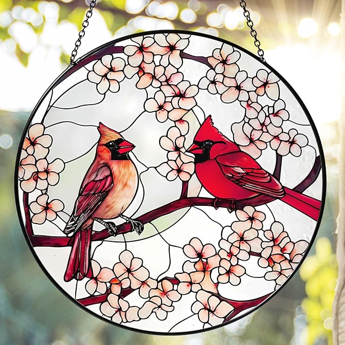Cardinal Sun Catcher 8'' Stained Glass Window Hanging Cardinal Decor Gifts for Women Christmas Handmade Sun Catcher Decoration for Garden Home Housewarming Gifts Mother Day