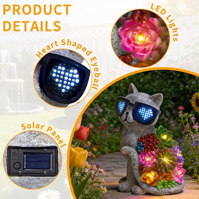 Solar Garden Statues Cat with Succulent and LED Lights Birthday Gifts for Women Mom Grandma Outdoor Decor for Patio Backyard Yard Lawn Decoration Unique Housewarming Gifts