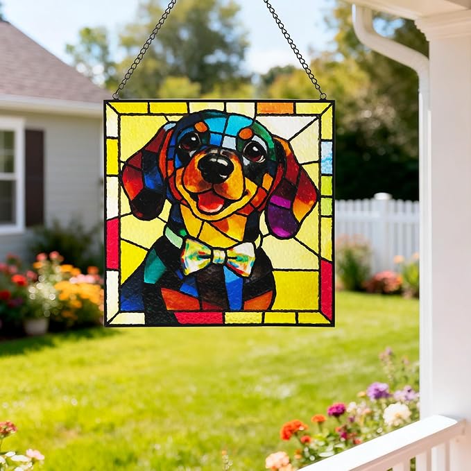 Hanging Stained Glass Dog Suncatcher for Window, Sun Catchers for Outdoor Decoration, Dachshund Garden Decor, Gifts for Women, Lovers, Couple, Friend, Bestie
