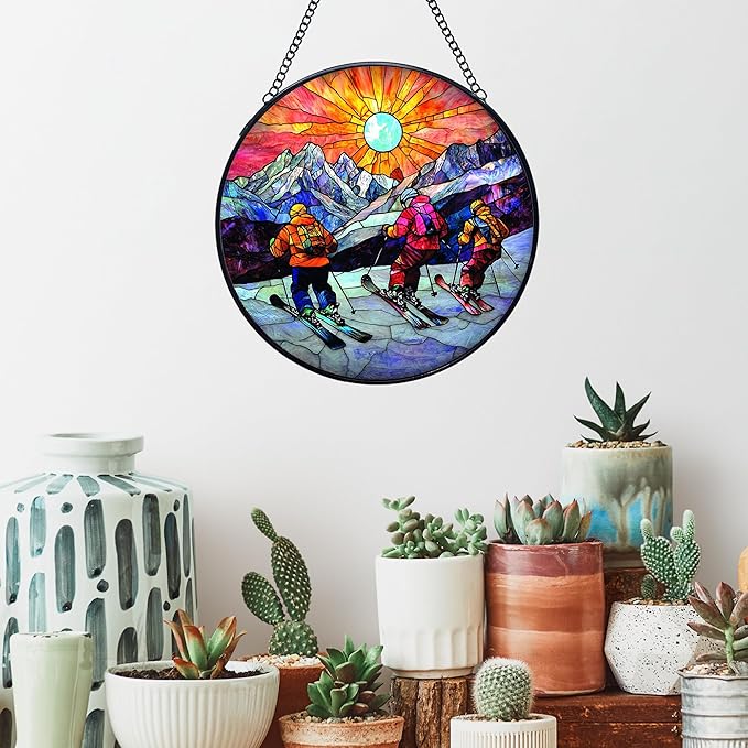 Winter Skiing Stained Glass Window Hanging Suncatchers, Ski Lover Gifts for Women Men Sun Catchers Indoor Window Glass Wall Art Decor, Winter Ski Wall Hanging Decorations Sculptures, 7.9x7.9in