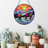 Winter Skiing Stained Glass Window Hanging Suncatchers, Ski Lover Gifts for Women Men Sun Catchers Indoor Window Glass Wall Art Decor, Winter Ski Wall Hanging Decorations Sculptures, 7.9x7.9in
