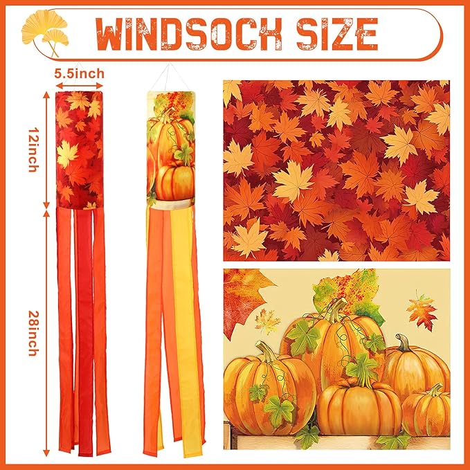 NOVWANG 2 Pieces 40 Inch Fall Windsocks，Pumpkin Maple Leaf Wind Socks for Outside Decor Hanging Flag for Home Garden Yard Wall Balcony Decoration