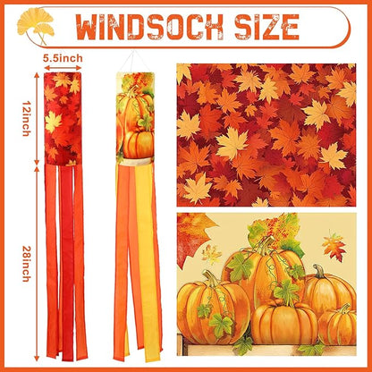 NOVWANG 2 Pieces 40 Inch Fall Windsocks，Pumpkin Maple Leaf Wind Socks for Outside Decor Hanging Flag for Home Garden Yard Wall Balcony Decoration