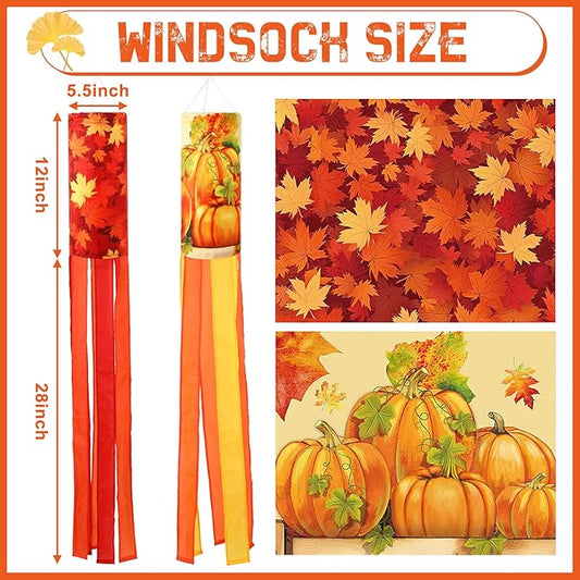 NOVWANG 2 Pieces 40 Inch Fall Windsocks，Pumpkin Maple Leaf Wind Socks for Outside Decor Hanging Flag for Home Garden Yard Wall Balcony Decoration
