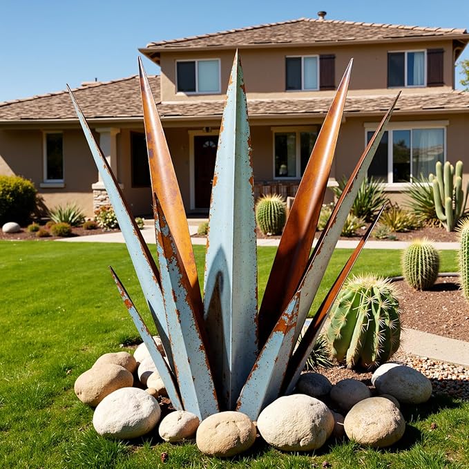 KODIBO 24” Large Metal Agave Plants Outdoor Decor, Vintage Blue Tequila Rustic Sculpture Outdoor Statues, Agave Metal Plants for Yard Garden Lawn Ornaments，Artisan Metal Agave Landscape Decor