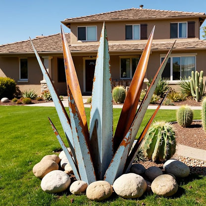KODIBO 24” Large Metal Agave Plants Outdoor Decor, Vintage Blue Tequila Rustic Sculpture Outdoor Statues, Agave Metal Plants for Yard Garden Lawn Ornaments，Artisan Metal Agave Landscape Decor
