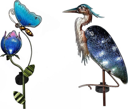 TERESA'S COLLECTIONS Flower and Heron Garden Decor with Solar Lights, Solar Powered Metal Stakes for Outdoor Patio Yard Lawn Decorations