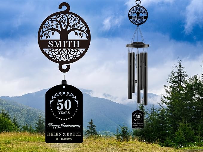 Personalized Anniversary 37" Wind Chime with Custom Metal Name Signs, 15th 20th 25th 30th 35th 40th 50th 60th 65th 70th Any Year Anniversary Wedding Gift for Him or Her or Parents