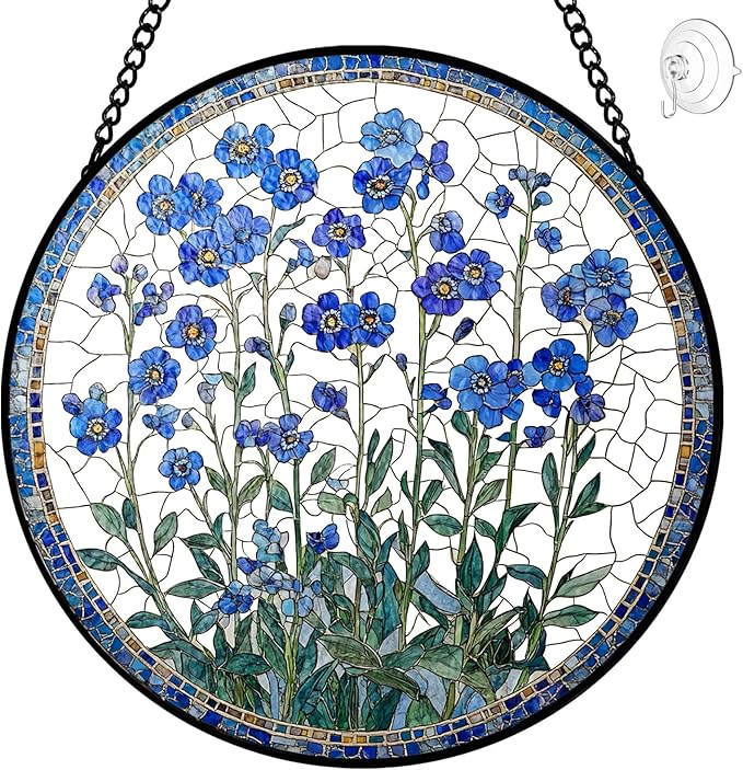 Forget Me Not Flower Suncatcher Stained Glass Window Hanging - 8″ Handmade Blue Flowers Suncatchers for Windows Hanging-Sun Catchers Wall Decor Home Garden Decorations Gift for Women Mom Plant Lovers