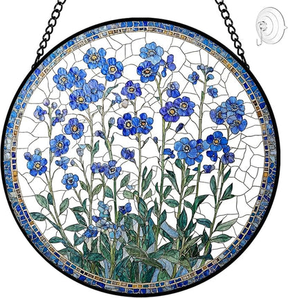 Forget Me Not Flower Suncatcher Stained Glass Window Hanging - 8″ Handmade Blue Flowers Suncatchers for Windows Hanging-Sun Catchers Wall Decor Home Garden Decorations Gift for Women Mom Plant Lovers
