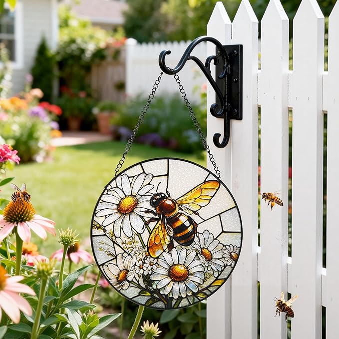 Stained Glass Window Hanging, Bee Circular Painted Glass Suncatcher with Chain & Suction Cup for Home Garden Door Decor, Birthday for Women Men Mom 7.8 in