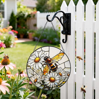 Stained Glass Window Hanging, Bee Circular Painted Glass Suncatcher with Chain & Suction Cup for Home Garden Door Decor, Birthday for Women Men Mom 7.8 in