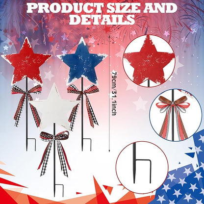 Amyhill 4th of July Outdoor Decorations Decor Patriotic Star Metal Garden Stakes Welcome Yard Signs Retro Red White Blue Garden Stakes for 250th Anniversary Patio Lawn Walkway Outside