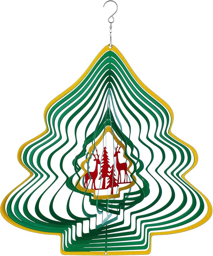 3D Metal Wind Spinner Christmas Tree Shape Stainless Steel Yard Decorations Spinner with a Routing Hook for Outdoor Garden House Hanging Decoration Gift with 360 Rotating Hook for Home Yard Decor