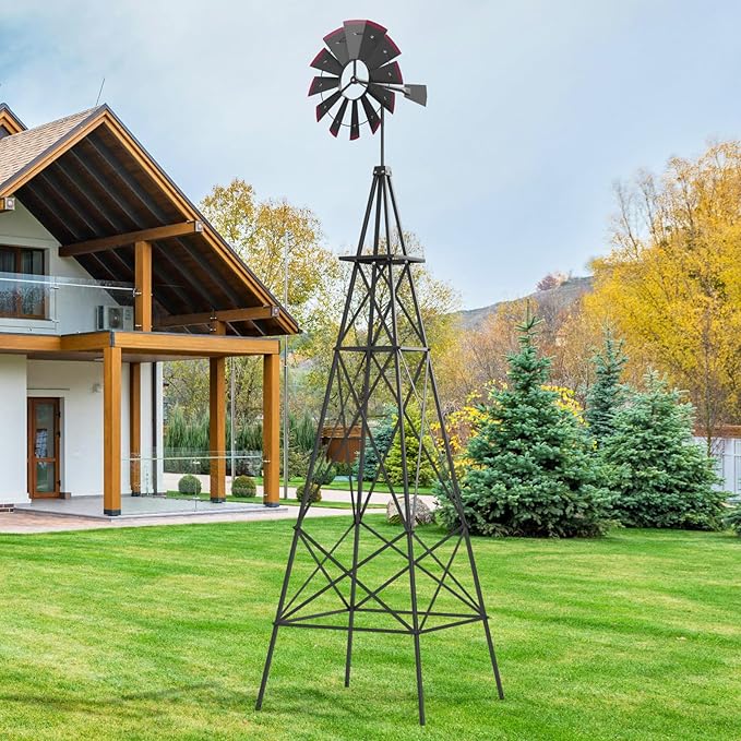 DREAMADE 8ft Steel Windmill, Farmhouse Windmill Decoration with Directional Vane, 4 Anchoring Stakes & Reinforced Base, Weather-Ready Garden Spinner for Backyard, Garden, Patios, Rural Areas (Grey)