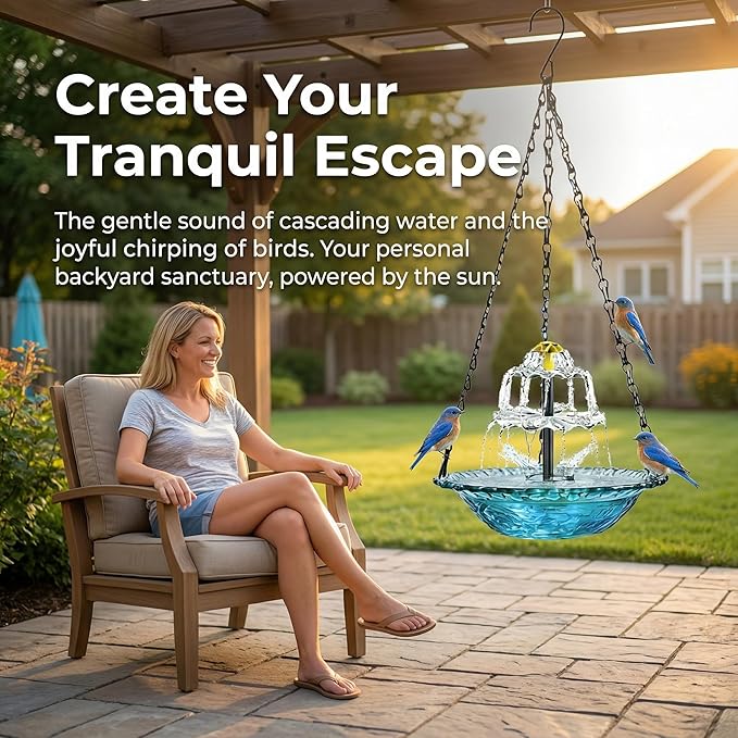 Solar Cascade Hanging Bird Bath Fountain, 2026 New Solar Fountain for Bird Bath Hanging Solar Bird Bath Fountain with Solars Pump & Bowl Decorative Garden Yard Patio (White)