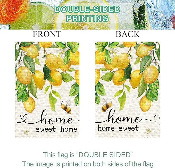 Baccessor Spring House Flag Lemon Bee Floral Home Sweet Home Large Yard Flag 28 X 40 Inch Double Sided Burlap Summer Welcome Flag for Outside Outdoor Porch Decor