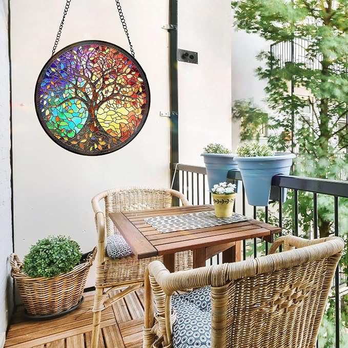 7.8 Inch Stained Glass Window Hanging Tree of Life Sun Catcher Indoor Window Door Wall Yard Garden Home Decor Colorful Glass Panel Suncatcher Gifts for Women Men Mom Grandma
