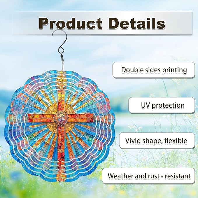 Cross Wind Spinners Outdoor, Hanging Wind Spinner for Garden Decoration, 8 inch 3D Stainless Steel Metal Wind Sculpture for Indoor/Outdoor Decor