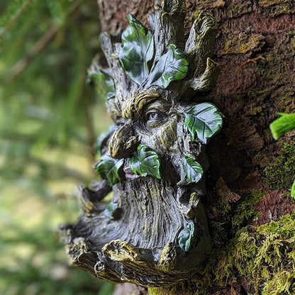 Old Man Tree Face Hugger Outdoor Decor with Bird Feeder, Handmade Tree Art Resin Statue with Leaf & Root Details, Whimsical Hanging Yard Art for Garden Wall Fence