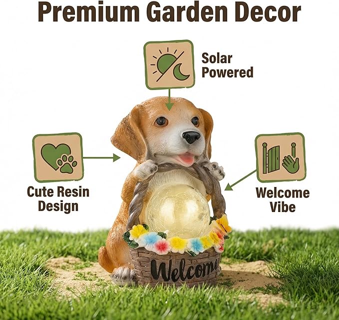 Solar Garden Welcome Statue with LED Light, Outdoor Decorative Animal Figurines, 8-10 Hour Working Time, Floral Basket Design, Lawn Yard Decor (Dog)