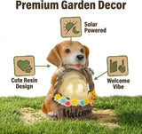 Solar Garden Welcome Statue with LED Light, Outdoor Decorative Animal Figurines, 8-10 Hour Working Time, Floral Basket Design, Lawn Yard Decor (Dog)