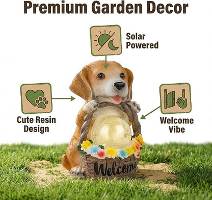 Solar Garden Welcome Statue with LED Light, Outdoor Decorative Animal Figurines, 8-10 Hour Working Time, Floral Basket Design, Lawn Yard Decor (Dog)