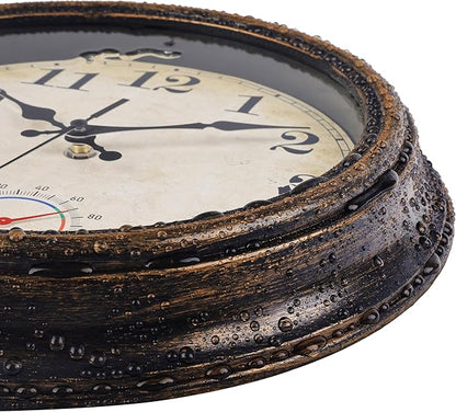 Outdoor Clocks Waterproof with Thermometer Vintage Wall Clock Decor for Bathroom Patio Pool Garden(12 Inch)