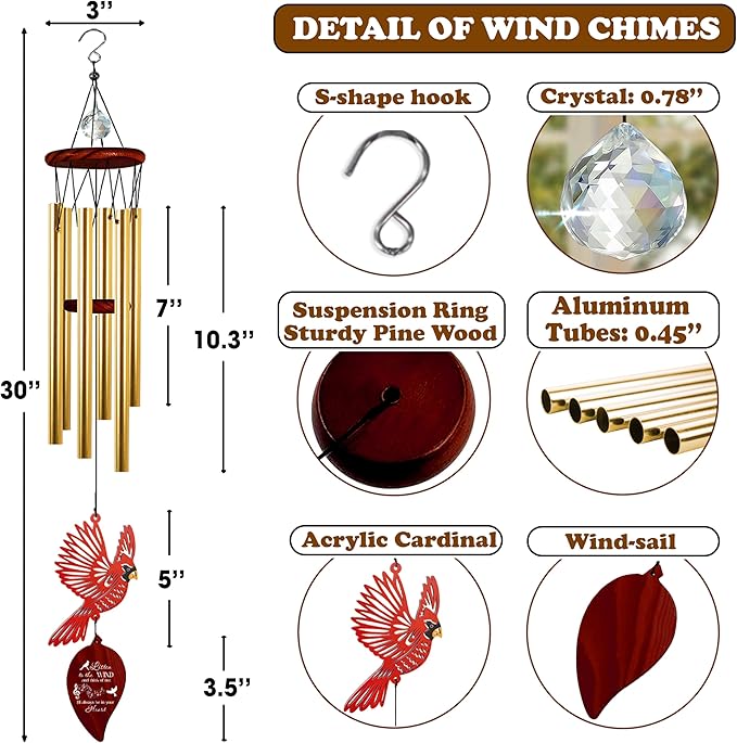 30'' Memorial Crystal Wind Chimes Loss of Mom Dad Grandparent Sympathy Cardinal Bird Keepsake Weatherproof Windchime Remembrance Gift in Memory Loved Ones for Window Outdoor Garden Decor HW2-LW