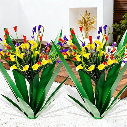 DDQ Metal Agave Plant Outdoor Decor with Artificial Flowers, Mexican Style Garden Sculpture, Waterproof Yard Art for Patio Lawn, Multiple Flower Options (Green Agave + Sunflower/Red/Yellow/Purple)