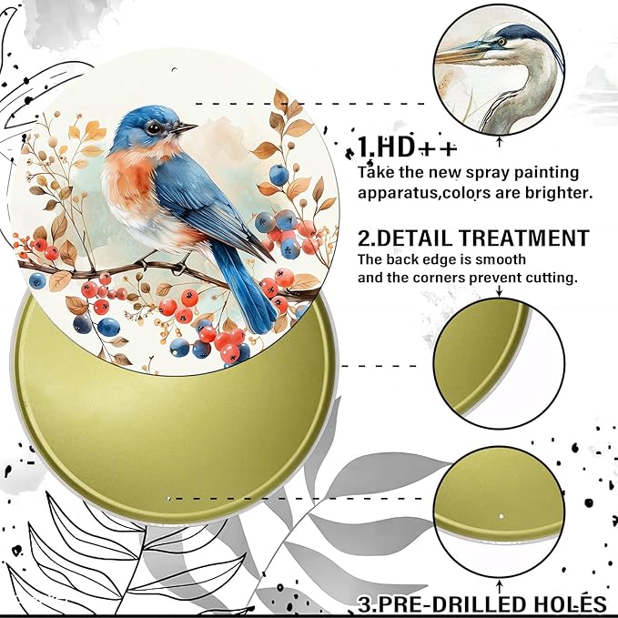 Vintage Blue Bird Watercolor Round Metal Sign Bird Sign Farmhouse Rustic Wreath Wall Decoration for Indoor Outdoor Home Porch Window Decor 12 Inch