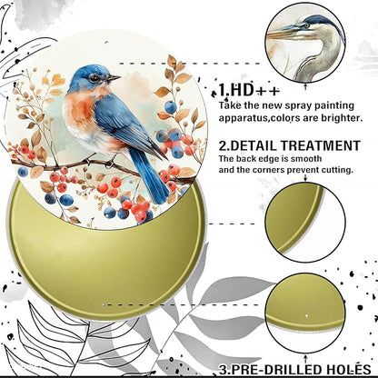 Vintage Blue Bird Watercolor Round Metal Sign Bird Sign Farmhouse Rustic Wreath Wall Decoration for Indoor Outdoor Home Porch Window Decor 12 Inch