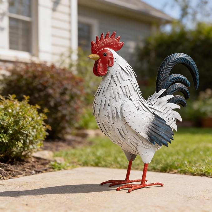 Ratuor Rooster Garden Statue Sculpture Metal Chicken Yard Decor Outdoor Figurines Patio Backyard Decoration (White)
