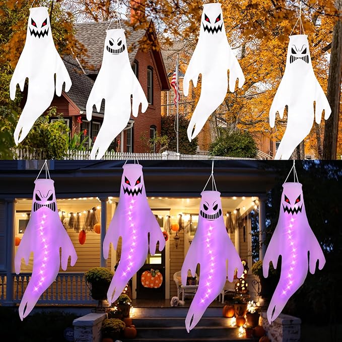 Geefuun 4PCS Purple Halloween Fierce Ghost Windsocks Hanging Decorations - 43 Inch Flag Wind Socks for Home Yard Outdoor Decor Party Supplies (Batteries Not Included,No Timer)