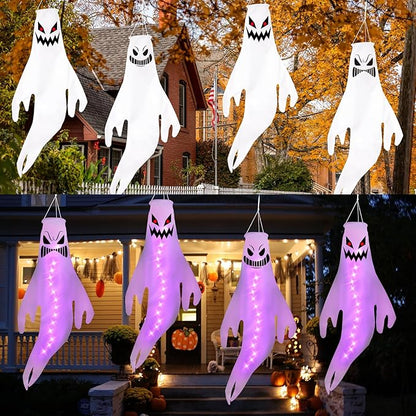 Geefuun 4PCS Purple Halloween Fierce Ghost Windsocks Hanging Decorations - 43 Inch Flag Wind Socks for Home Yard Outdoor Decor Party Supplies (Batteries Not Included,No Timer)