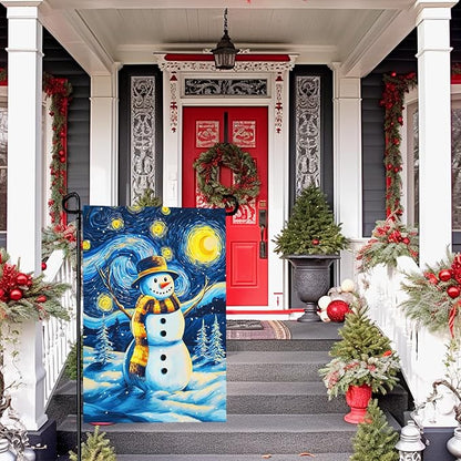 Winter Garden Flag Santa Snowman Yard Flags Van Gogh Yard Flags Art Starry Night Sky Moon Wall Banner Xmas Blue Pine Snowfield House Banners for Happy Holiday Farmhouse Outdoor 12 x 18 Inch