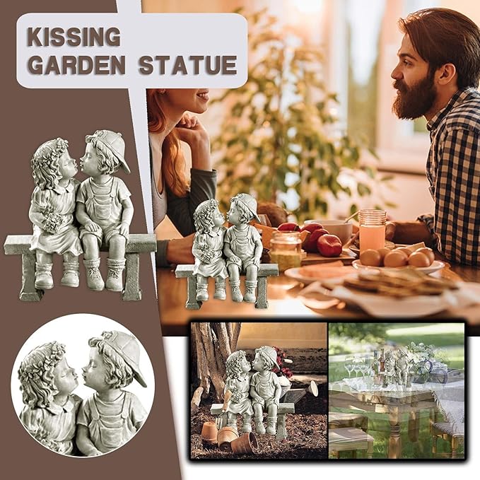 Stone Effect Kissing Kids Garden Statue Outdoor Decor Boy Girl Ornament Bench