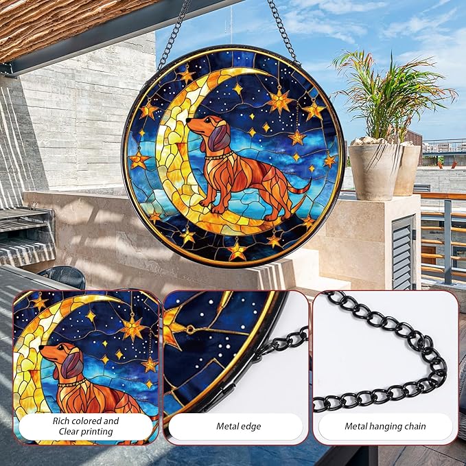 Rngmsi Dachshund Stained Glass Window Hanging Gifts, 7.8″ Weiner Dog Sun Catchers for Indoor Window Decor, Decorative Sun Catchers Home Wall Art Animal Memorial Gift