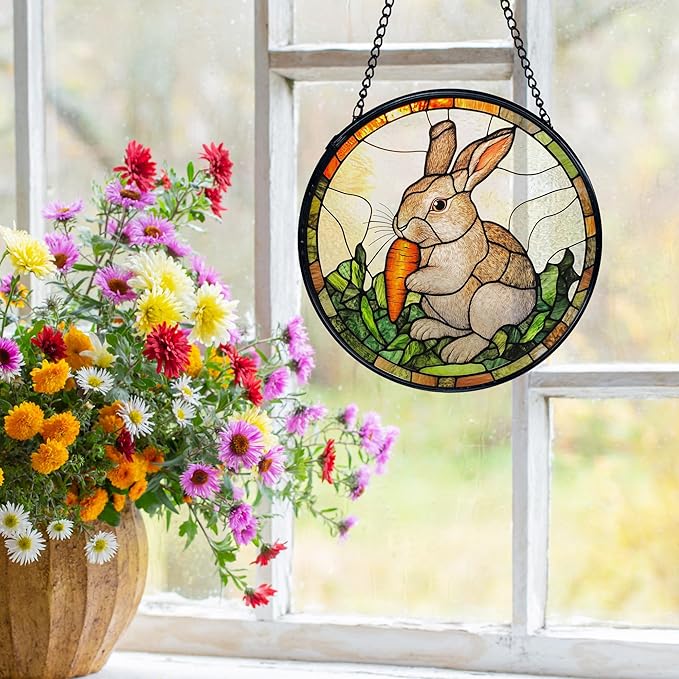 Easter Bunny Carrot Suncatchers Stained Glass Window Hanging, Easter Bunny Decor Sun Catchers Indoor Window Glass Round Wall Decor, Rabbit Wall Hanging Decorations, 7.9x7.9in