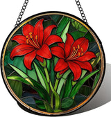 Stained Glass Window Hanging Red Lilies Suncatcher 8 Inch, Red Flower Glass Art Romantic Home Decor, Indoor Outdoor Wall Art, Birthday for Women Men