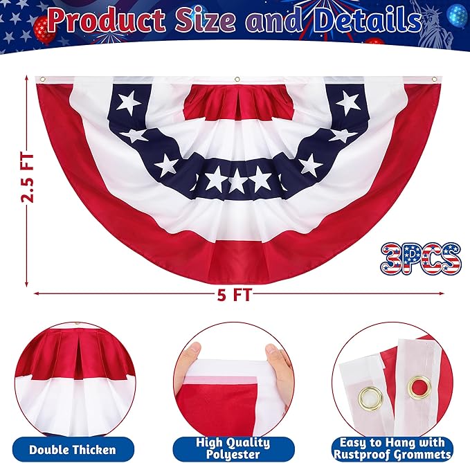 2.5x5 FT 4th of July Accessories, USA Pleated Fan Flag 5PCS, Patriotic Half Fan Bunting, Thick Polyester American Flag Decor for 250th Anniversary Independence Day Yard Porch Garden Outdoor