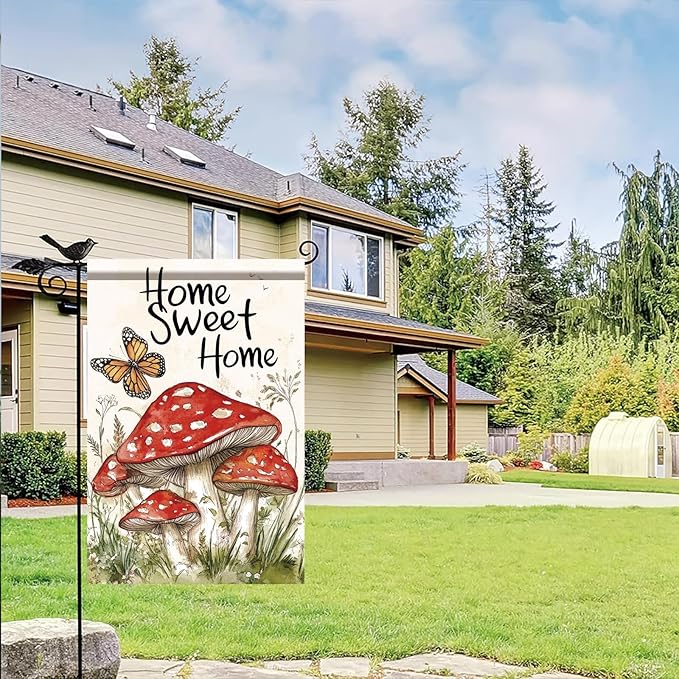 Mushroom Garden Flag 12x18 Inch Double Sided Spring Summer Welcome Mushroom Yard Flag Seasonal Farmhouse Decor Garden Lawn Yard Outdoor Decorations