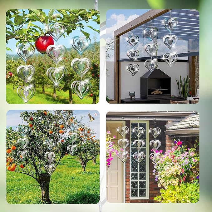 Stainless Steel Wind Spinner,3D Silver Indoor Outdoor Garden Decoration Crafts Ornaments,Metal Wind Chimes for Outside Decor,Decorations to Scare Away Yard Birds (Heart-Wind Sculpture)