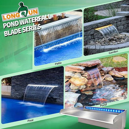 LONGRUN Stainless Steel Waterfall Spillway, APP Control Multi-Color LED Light Outdoor Pool Fountain, Water Spillway Koi Pond Waterfalls Fountains Kit for Garden Patio Swimming Pool Decoration-11.8"