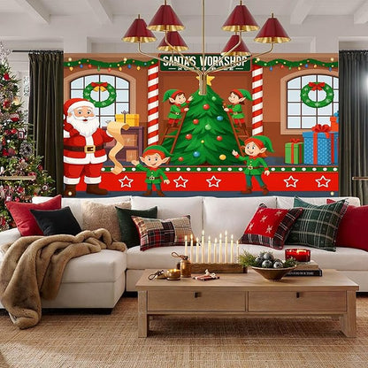 HOMETITUTE Christmas Garage Door Banner 13x6ft Santas Workshop Elves Santa Claus Theme Backdrop Banners for Outside Inside Winter Door Cover Garage Wall Covering for Party Garage Decorations