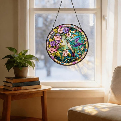Stained Glass Sun Catcher,Fly HummingbirdStained Glass Window Hanging Garden Decor,Sun Catchers Indoor Window,Whimsical Decoration for Home Backyard Patio Lawn Porch with 9.8 INCH